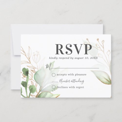 Watercolor Greenery Wedding RSVP - Elegant eucalyptus wedding response cards featuring a classic white background, a modern watercolor display of woodland green foliage, trendy gold floral accents, and a stylish rsvp template that is easy to personalize.
