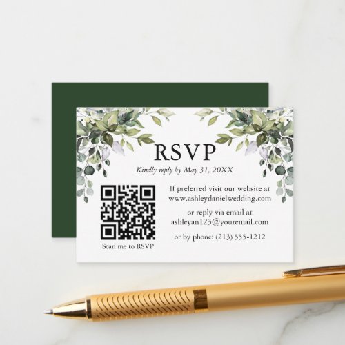 Watercolor Greenery Wedding RSVP QR Green Enclosure Card