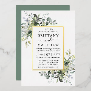 Watercolor Greenery Wedding Sage Green Gold Foil Invitation
