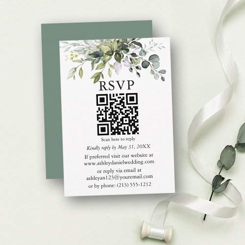 Watercolor Greenery Wedding Sage Green QR RSVP Enclosure Card