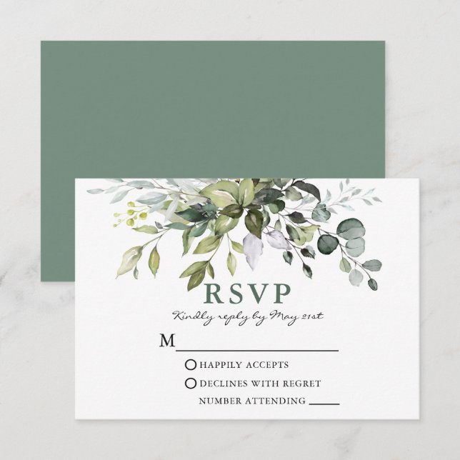 Watercolor Greenery Wedding Sage Green RSVP Card (Front/Back)