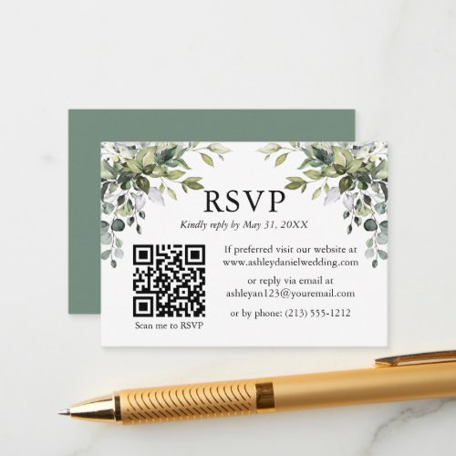 Watercolor Greenery Wedding Sage Green RSVP QR Enclosure Card