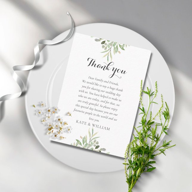 Watercolor Greenery Wedding Script Thank You Place Card (Creator Uploaded)
