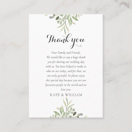 Watercolor Greenery Wedding Script Thank You Place Card | Zazzle