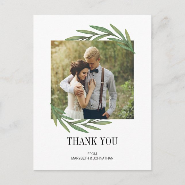 Watercolor Greenery Wedding Thank You Postcard (Front)