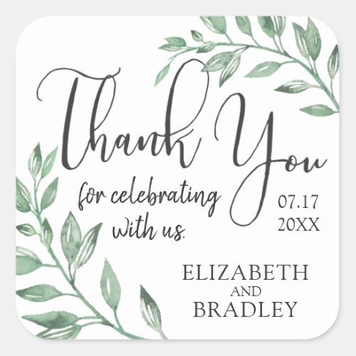 Watercolor Greenery Wedding Thank You Square Sticker