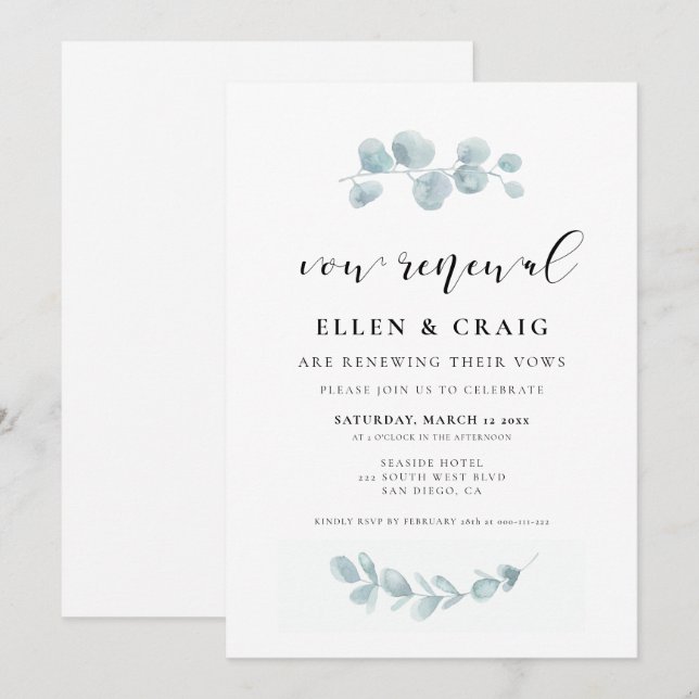 Watercolor greenery Wedding Vow renewal Invitation (Front/Back)