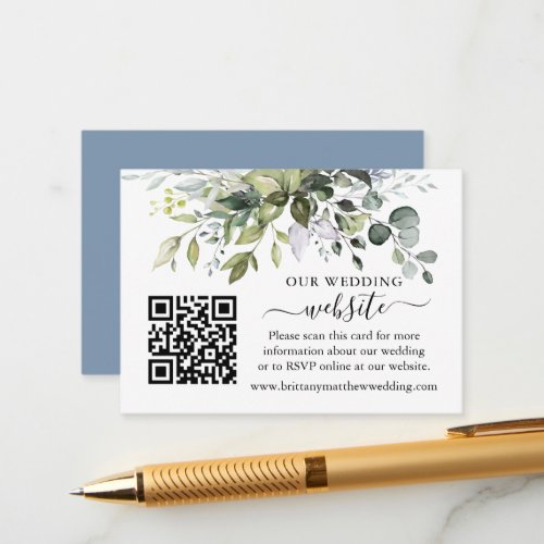 Watercolor Greenery Wedding Website QR Dusty Blue Enclosure Card