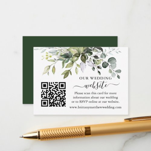 Watercolor Greenery Wedding Website QR Green Enclosure Card