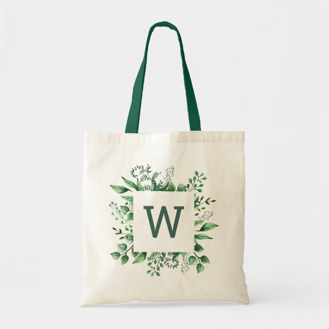 Watercolor greenery wedding. Woodland monogram Tote Bag (Front)