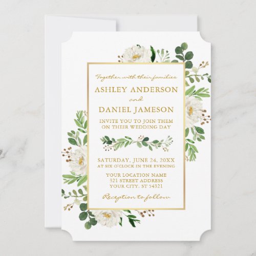 Watercolor Greenery White Floral Gold Wedding Invitation