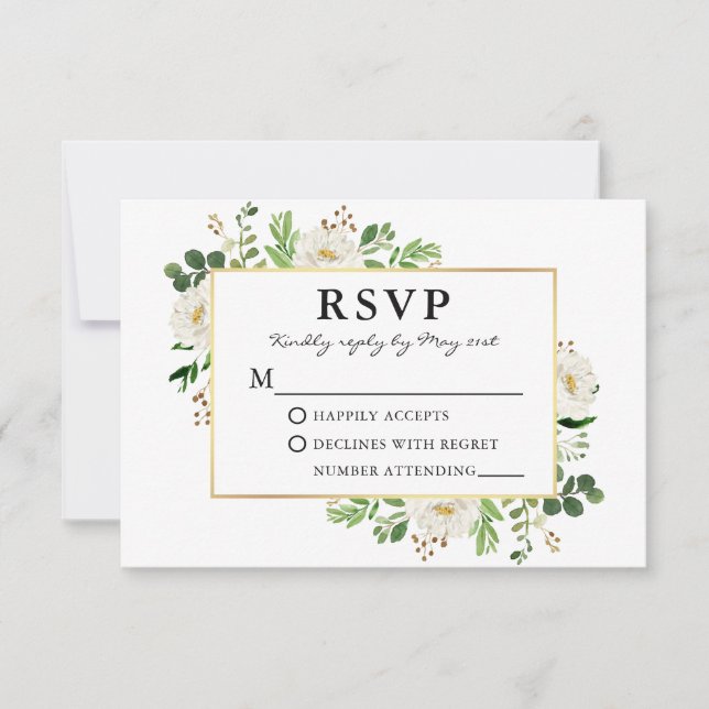 Watercolor Greenery White Floral Gold Wedding RSVP Card (Front)