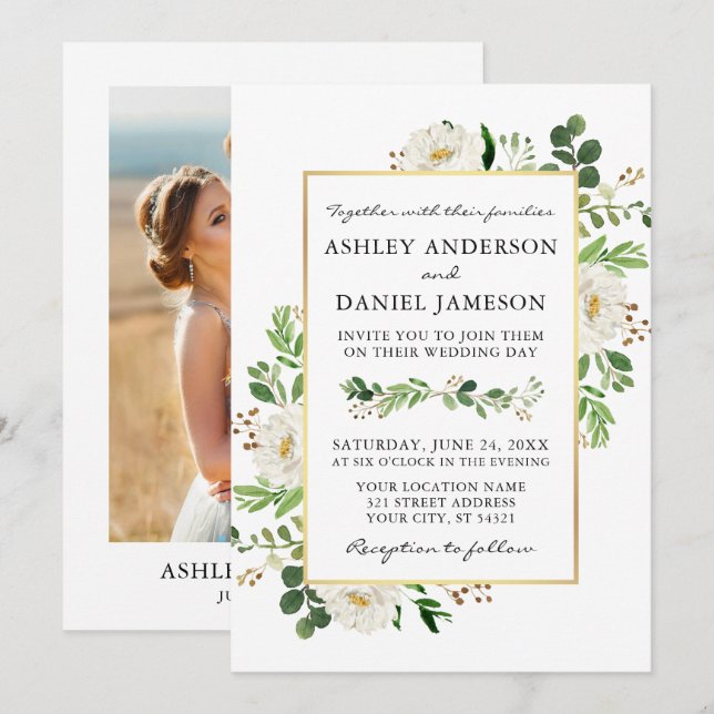 Watercolor Greenery White Floral Photo Wedding Invitation (Front/Back)