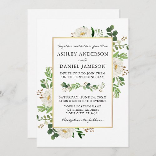 Watercolor Greenery White Floral Photo Wedding Invitation