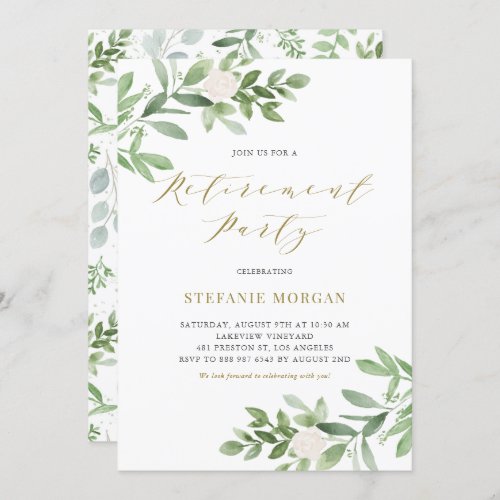 Watercolor Greenery White Floral Retirement Party Invitation