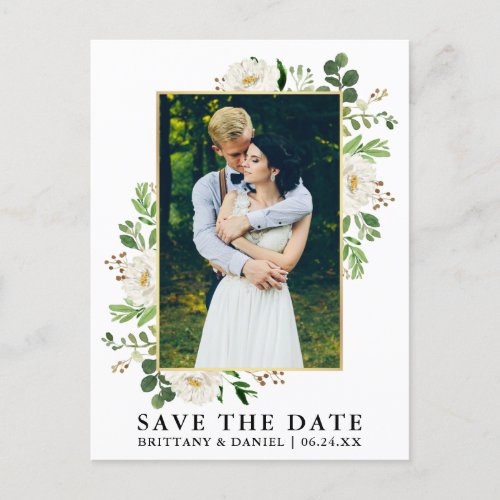 Watercolor Greenery White Floral Save The Date Postcard