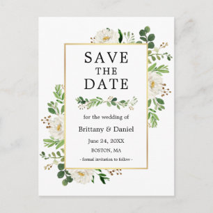 Watercolor Greenery White Floral Save The Date Postcard