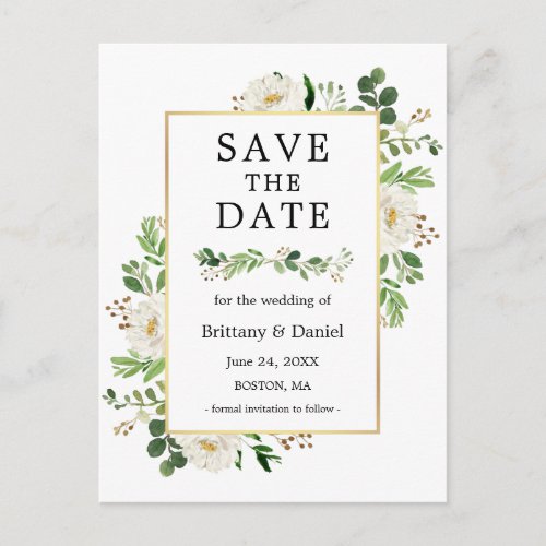 Watercolor Greenery White Floral Save The Date Postcard