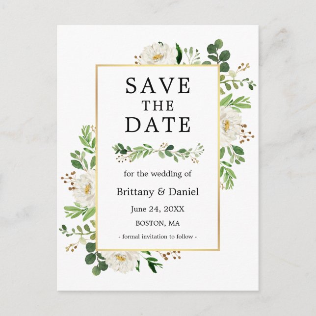 Watercolor Greenery White Floral Save The Date Postcard (Front)
