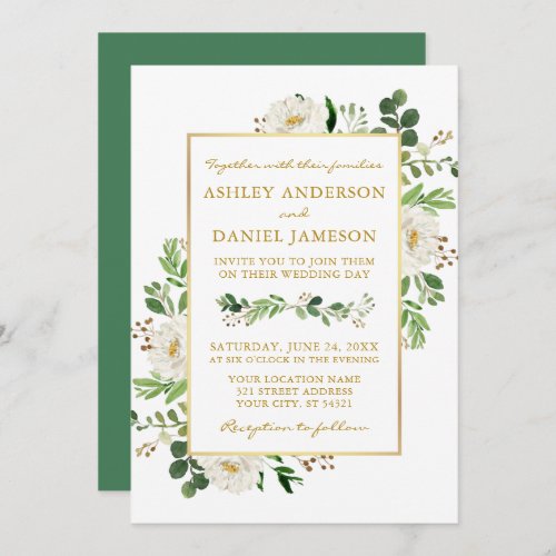 Watercolor Greenery White Floral Wedding Gold Invitation