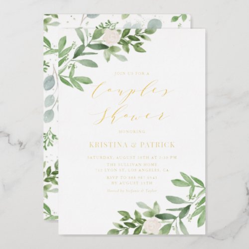 Watercolor Greenery White Flower Couples Shower Foil Invitation