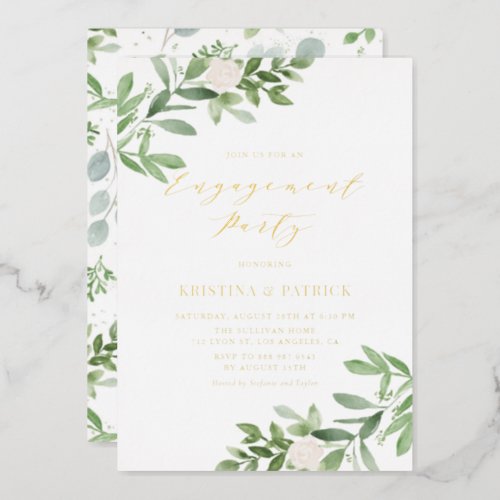 Watercolor Greenery White Flower Engagement Party Foil Invitation