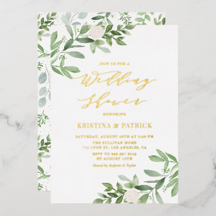 Watercolor Greenery White Flower Wedding Shower Foil Invitation
