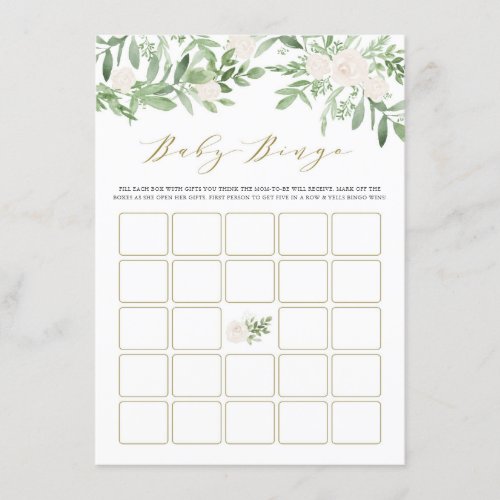 Watercolor Greenery White Flowers Baby Bingo Game Enclosure Card