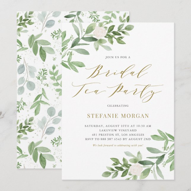 Watercolor Greenery White Flowers Bridal Tea Party Invitation (Front/Back)