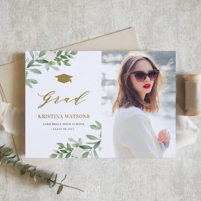 Watercolor Greenery White Flowers Graduation Invitation (Personalized photo graduation invitation featuring watercolor greenery and white flowers.)
