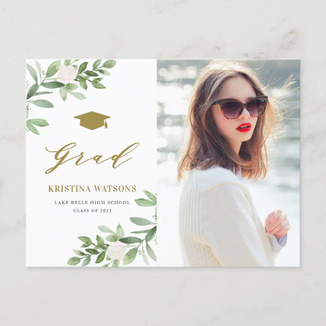 Watercolor Greenery White Flowers Graduation Invitation Postcard | Zazzle