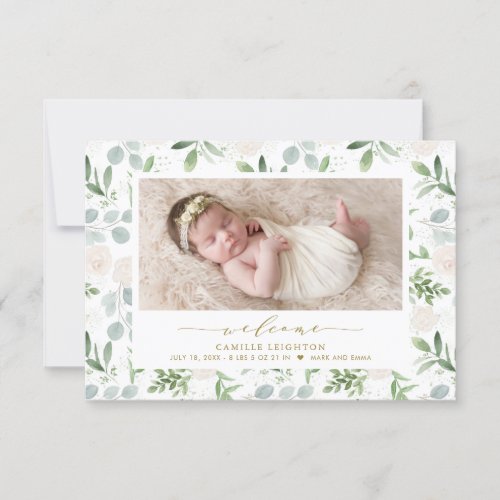 Watercolor Greenery  White Flowers Pattern Birth Announcement