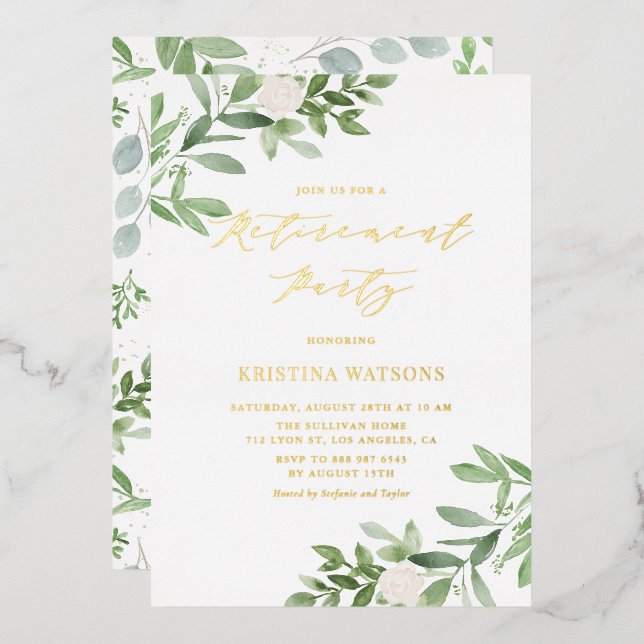 Watercolor Greenery White Flowers Retirement Party Foil Invitation (Front/Back)