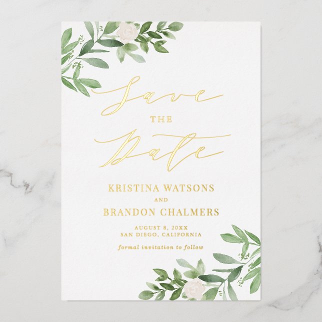 Watercolor Greenery White Flowers Save The Date Foil Invitation (Front)