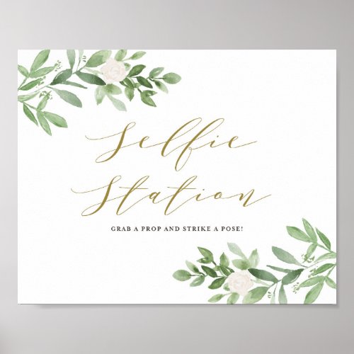 Watercolor Greenery White Flowers Selfie Station Poster