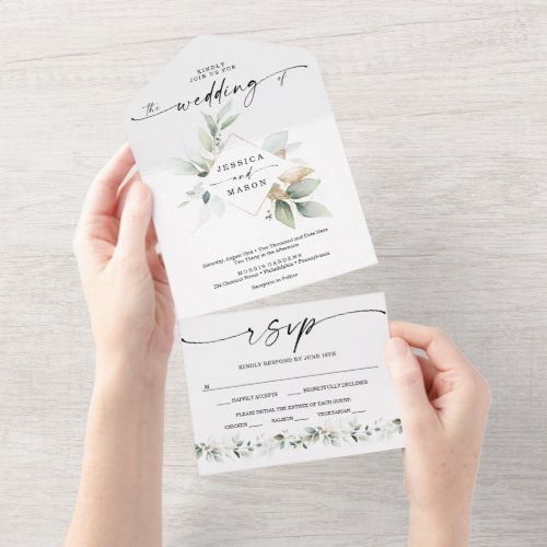 Watercolor Greenery with Gold All In One Wedding All In One Invitation