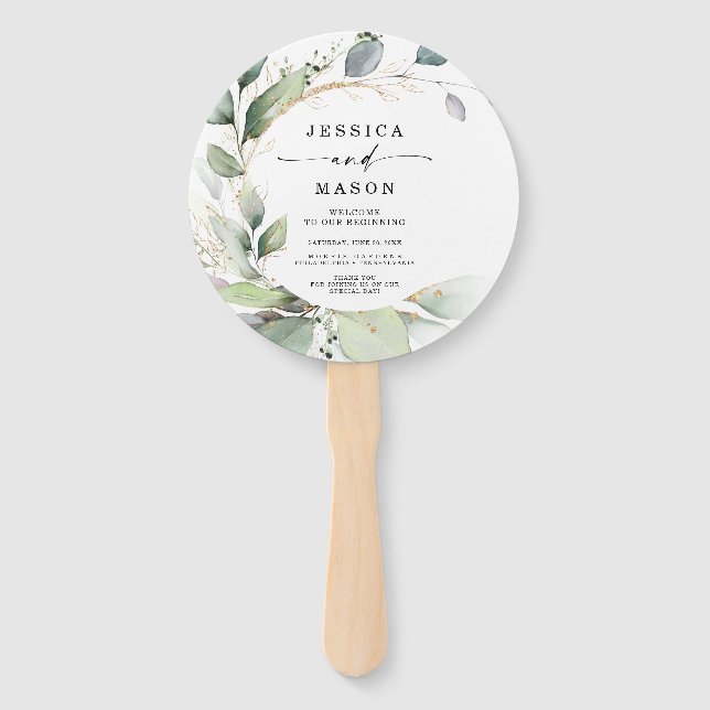 Watercolor Greenery with Gold Circle Wedding Hand Fan (Front)