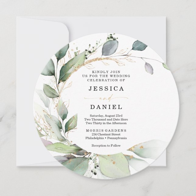 Watercolor Greenery with Gold Circle Wedding Invitation (Front)