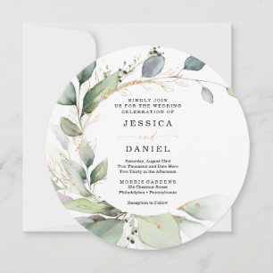 Watercolor Greenery with Gold Circle Wedding Invitation