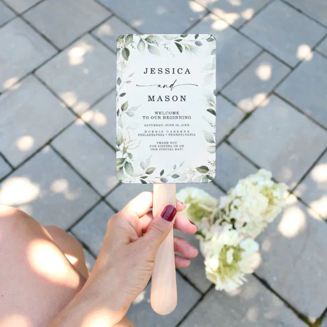 Watercolor Greenery with Gold Wedding Hand Fan
