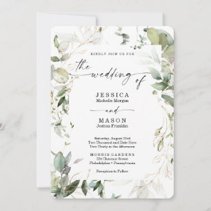 Watercolor Greenery with Gold Wedding Invitation