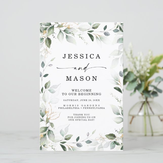 Watercolor Greenery with Gold Wedding Program (Standing Front)