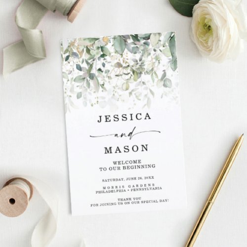 Watercolor Greenery with Gold Wedding Programs