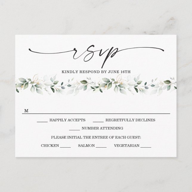 Watercolor Greenery with Gold Wedding RSVP Postcard (Front)