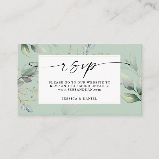 Watercolor Greenery with Sage and Gold RSVP Card (Front)