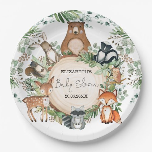 Watercolor Greenery Woodland Animals Baby Shower Paper Plates