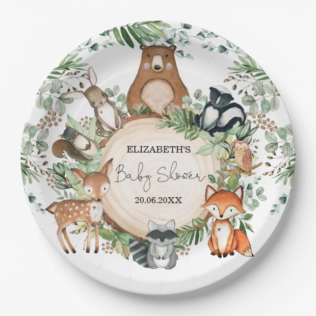 Watercolor Greenery Woodland Animals Baby Shower Paper Plates (Front)