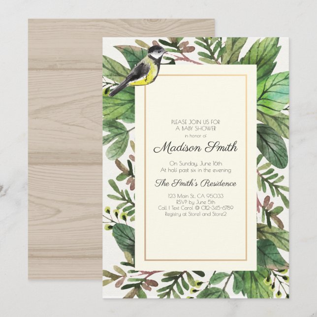 Watercolor Greenery Woodsy Bird Baby Shower Invitation (Front/Back)