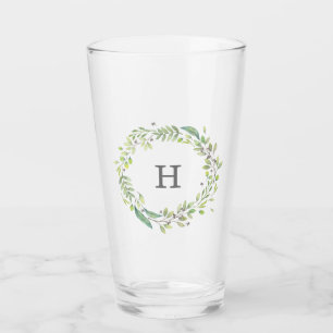 Watercolor Greenery Wreath and Monogram Glass