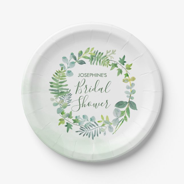 Watercolor Greenery Wreath Bridal Shower Paper Plates (Front)